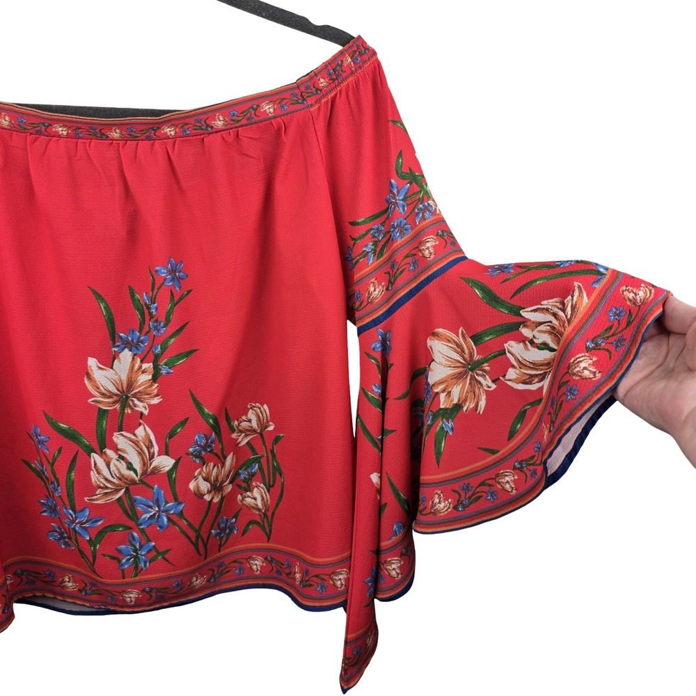 Flying Tomato Off The Shoulder Top Women S Red Floral Bell Sleeve Boho Whimsical